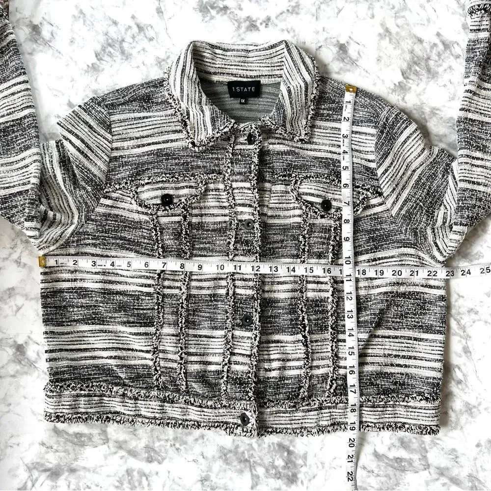 1. State Black Cream Fringe Tweed Button Front Long Sleeve Blazer Jacket